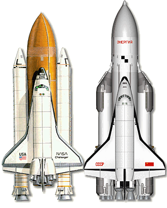 Сравнительные размеры советской МКС "Энергия-Буран" (справа) и американской МКС "Space Shuttle"