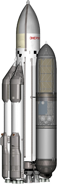 РН "Энергия" с транспортным контейнером. Контейнер изображен условно полупрозрачным, внутри видна полезная нагрузка - спутник связи со сложенными антеннами и панелями солнечных батарей (сверху), и разгонный блок "Смерч" (снизу)